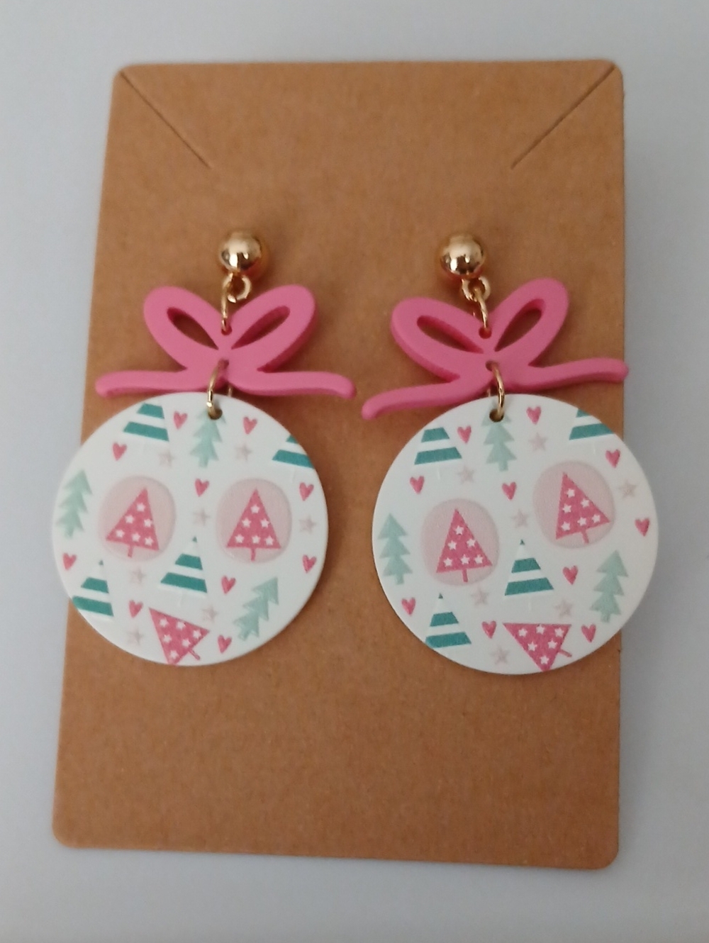Fashion Jewelry Pink Bow Holiday Tree Dangle Earrings